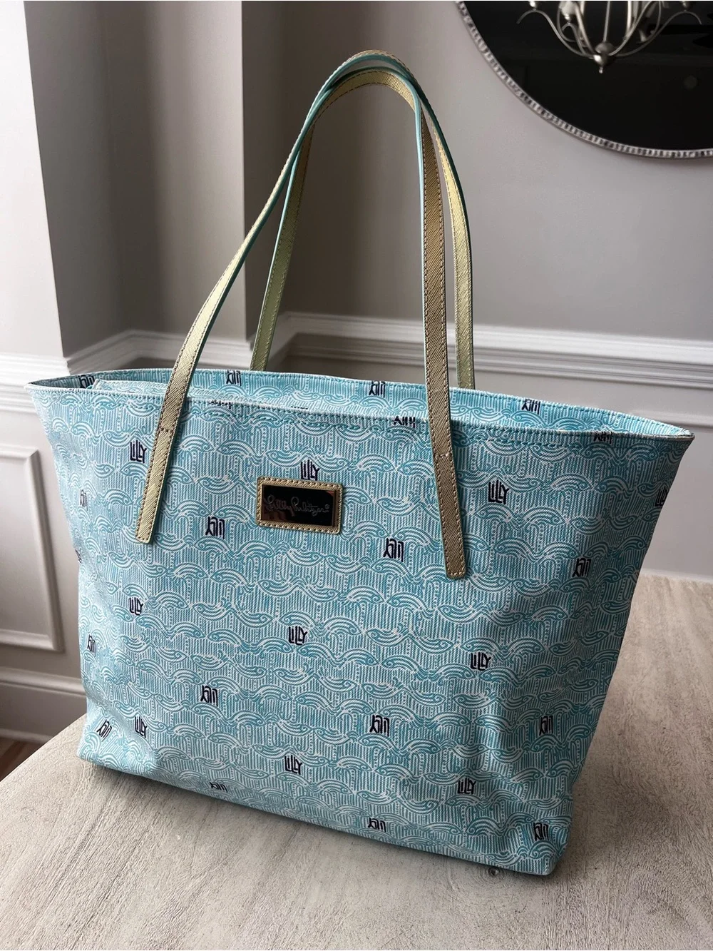 Lilly Pulitzer Shorely Blue Patterned Resort Tote with Gold Straps